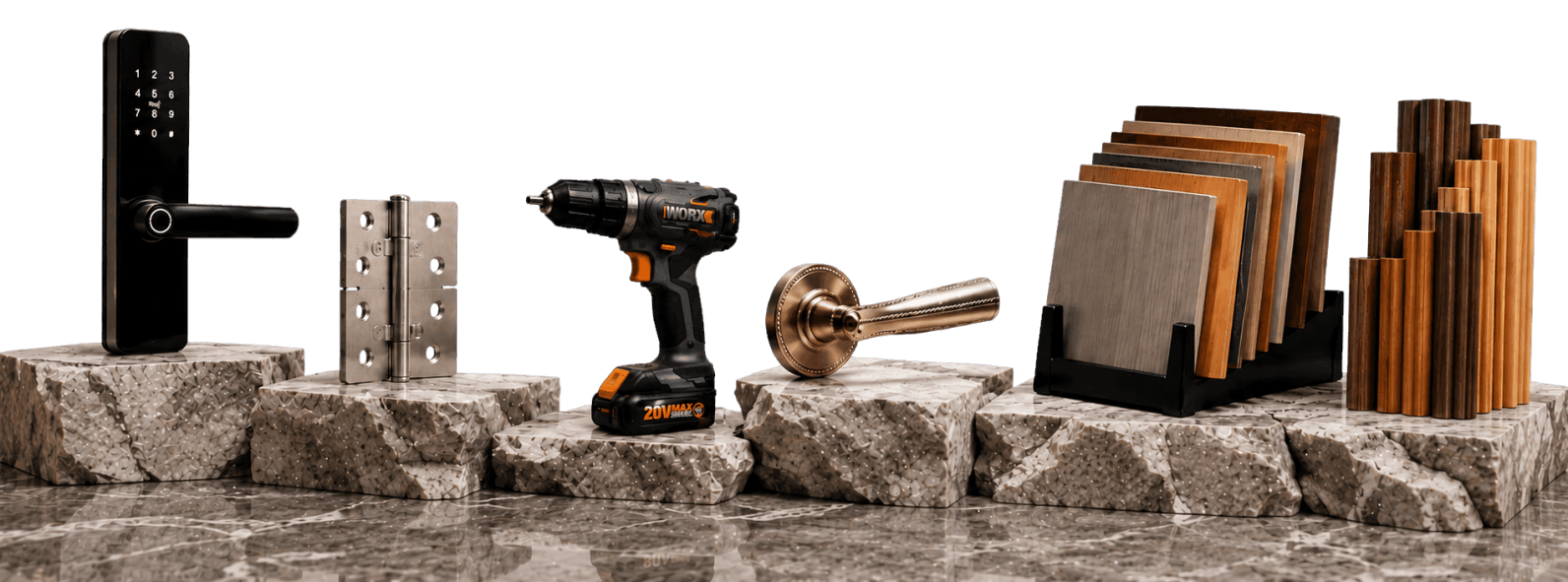 Premium hardware showcase featuring a smart lock, precision hinge, professional drill, brass lever, and finish samples.